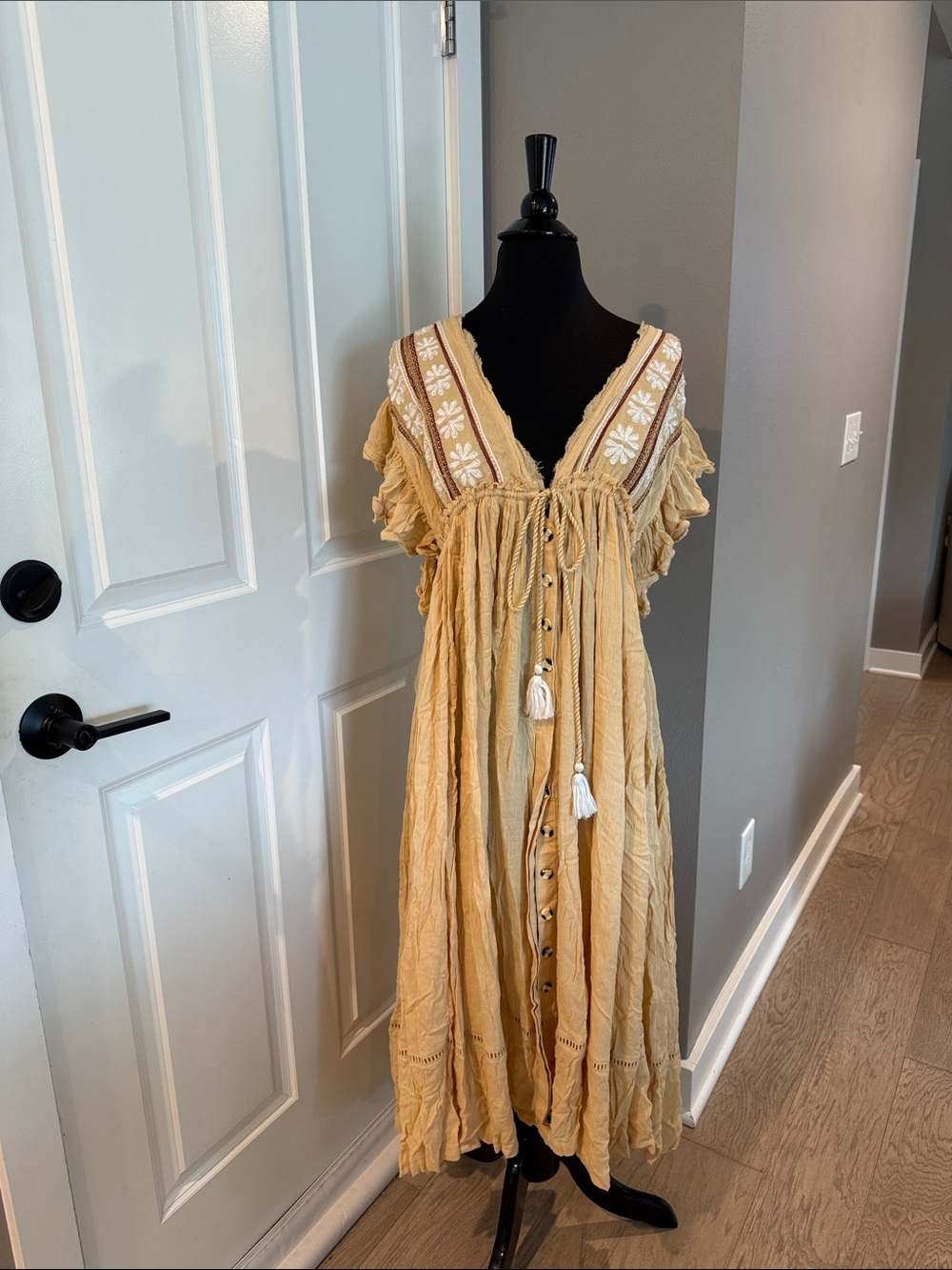 Free People Mustard Embroidered Boho Maxi Dress
